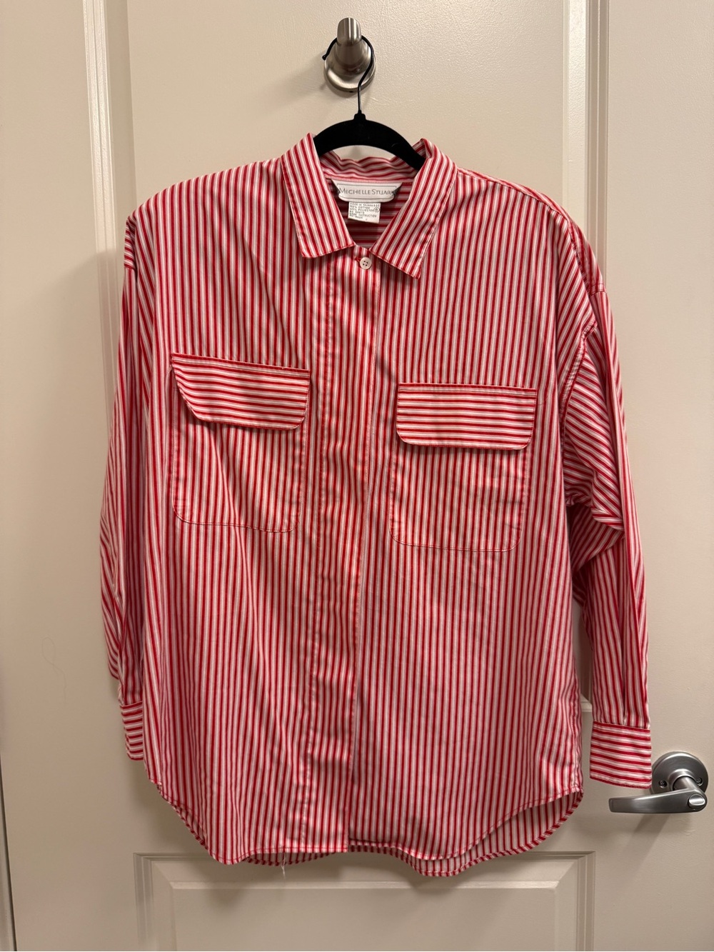 VTG 90s Women’s Sz 6 Oversized Button Down Shirt Red White Striped Cotton Blend